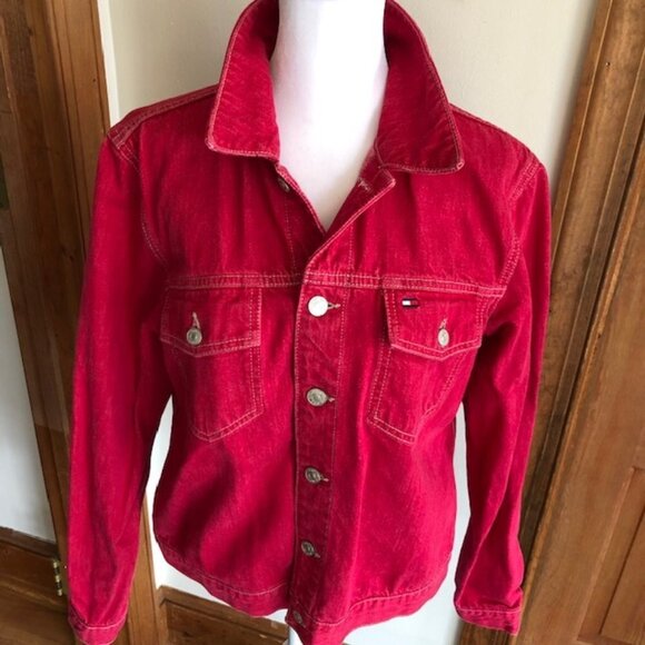 TOMMY HILFIGER Red Denim Trucker Jacket Large Vintage 2000 - Picture 4 of 17